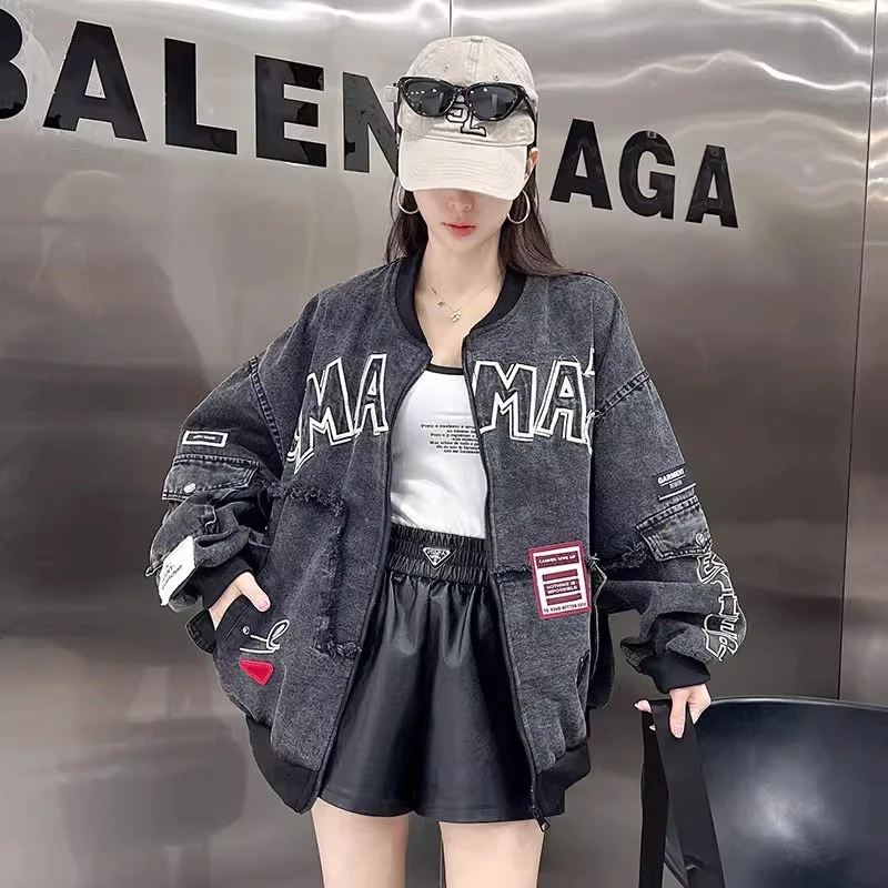 블랙 레트로 데님 재킷 유니섹스 봄 가을 루즈 슬라우치 아메리칸 스트리트 스타일 빈티지 야구 패션 트렌디 코트