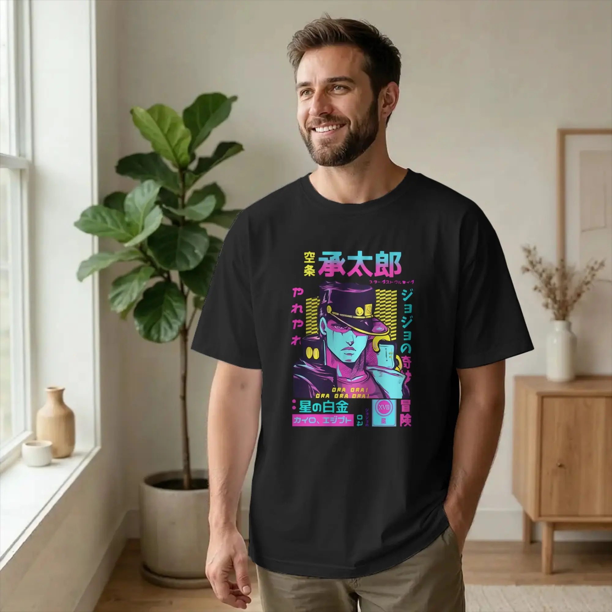 Vaporwave Aesthetic Jotaro Kujo Manga T-Shirt for Men Joestar Family Bizarre Adventure 100% Cotton Tee Shirt Crewneck T Shirt