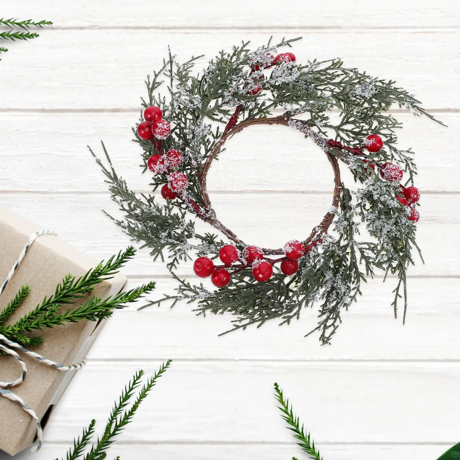 Christmas Wreath Decorative Ring Artificial Pine Leaves Red Berries Holiday Table Decoration Christmas Home Supplies