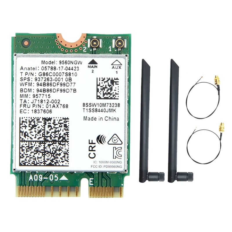 9560NGW Wifi Card+2Xantenna 1730Mbps Wireless AC 9560 2.4G+5G BT 5.0 802.11Ac M.2 CNVI 9560NGW Adapter Wifi Card Adapter