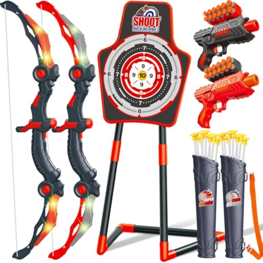 

Indoor Outdoor Bow and Arrow Toy Set for Ages 4-12, Plastic Red LED Light-Up Archery Set with 20 Arrows, Ideal for Birthday Gif