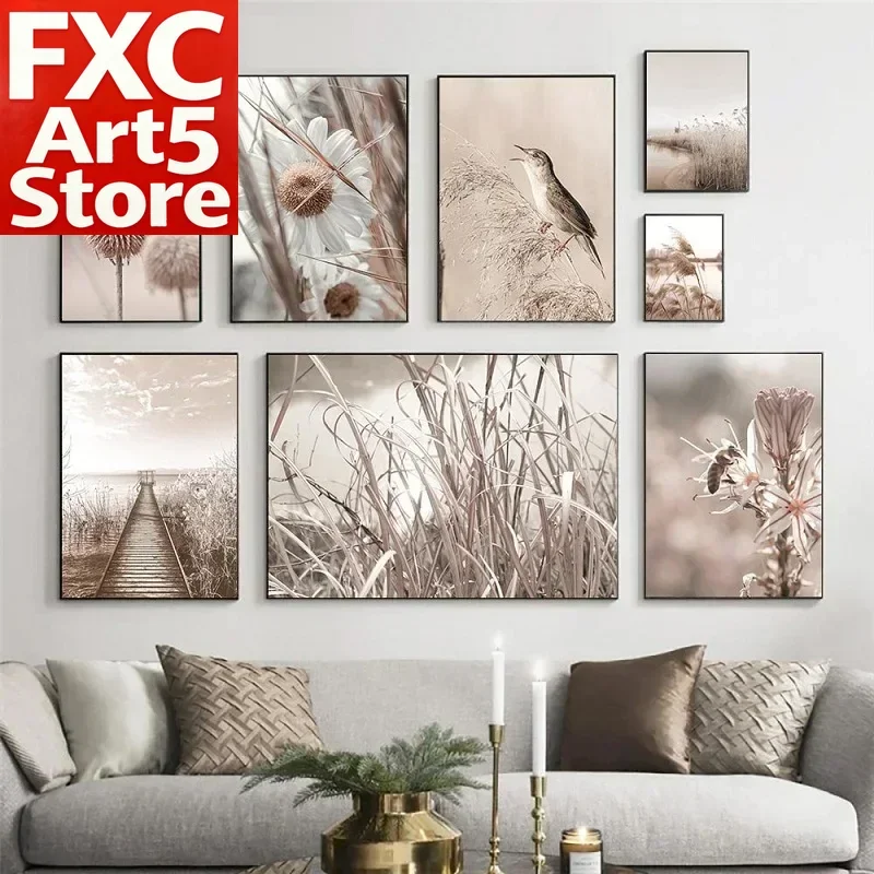 1PC Frameless Nordic Beige Landscape Art Reed Hay Poster Bridge Bird Consumption Ox Fox Poster Print Wall Art Pictures Canvas Pa
