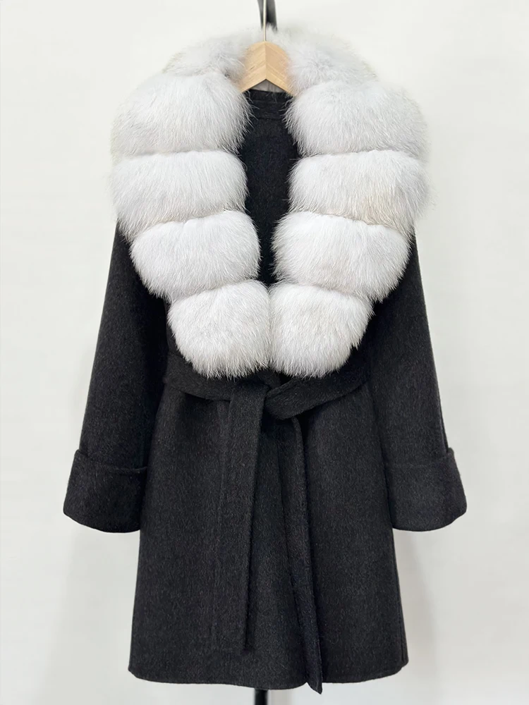 Женское пальто из натурального лисьего меха, новинка 2023 года, зимняя куртка с карманами на поясе, женская свободная шерстяная верхняя одежда, уличная одежда