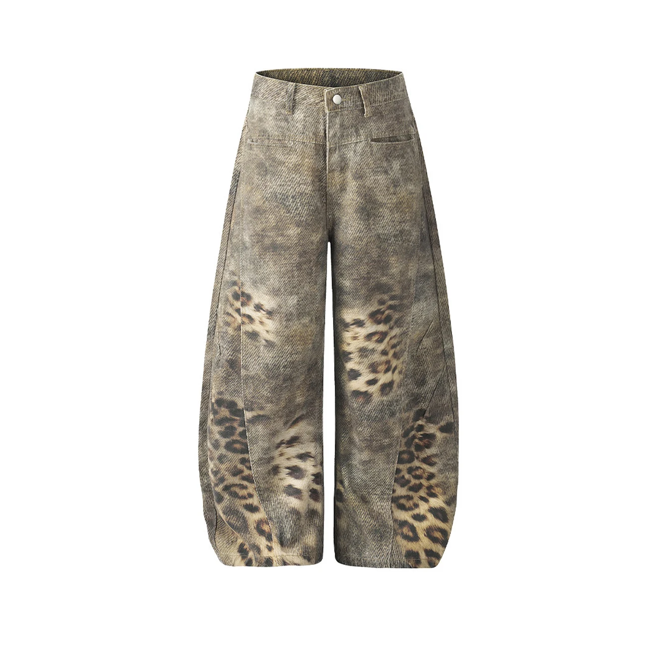 High Street Women's Jeans Leopard Print Casual Vintage American Denim Pants Straight Wide Leg Loose Trousers