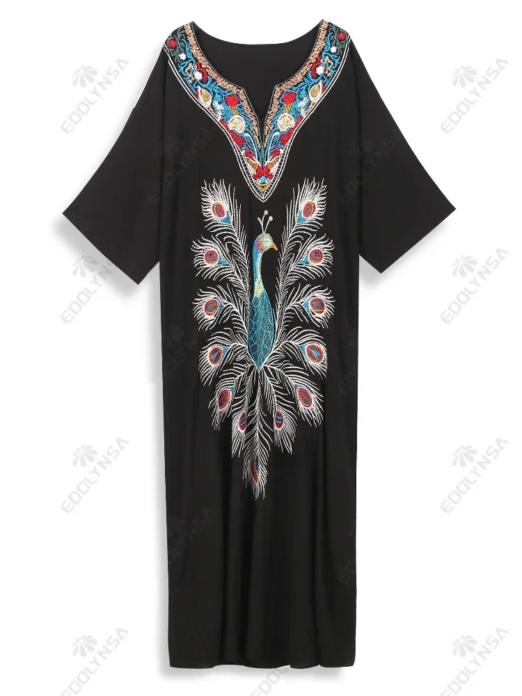 Peacock Embroidered Print Women Dress V-neck Clothing Caftan Robe Casual Short Sleeve Loungewear Loose Maxi Dresses Q1663