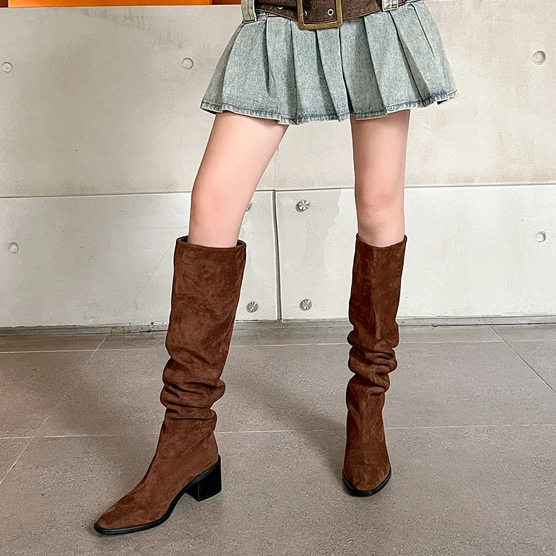 JOZHAMTA Size 34-40 Knee High Boots For Women Suede Ruched Wide Calf Long Boots Block Heel Casual Daily Dressy