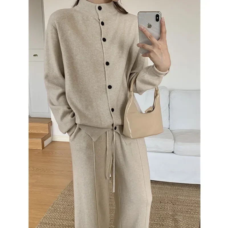 Single Breasted Knitted Sweater Cardigan Two-piece Set for Women\'s Autumn Winter Split High Waisted Wide Leg Pants Fashionable