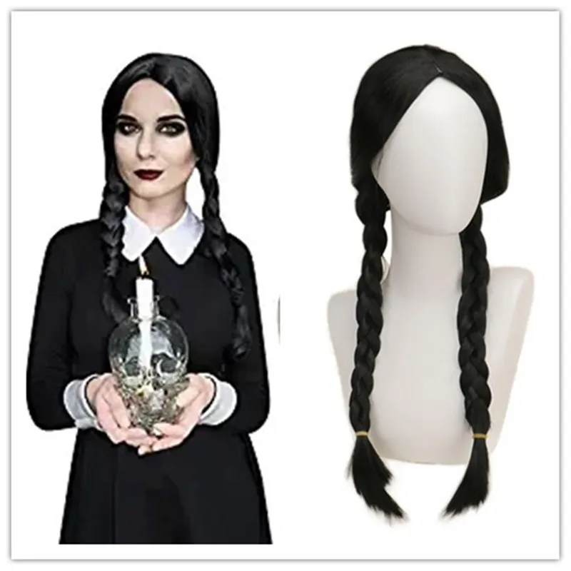 Parrucche di Halloween Mercoledì Parrucche Cosplay per ragazze Parrucca Treccia nera Lunga intrecciata nera diritta