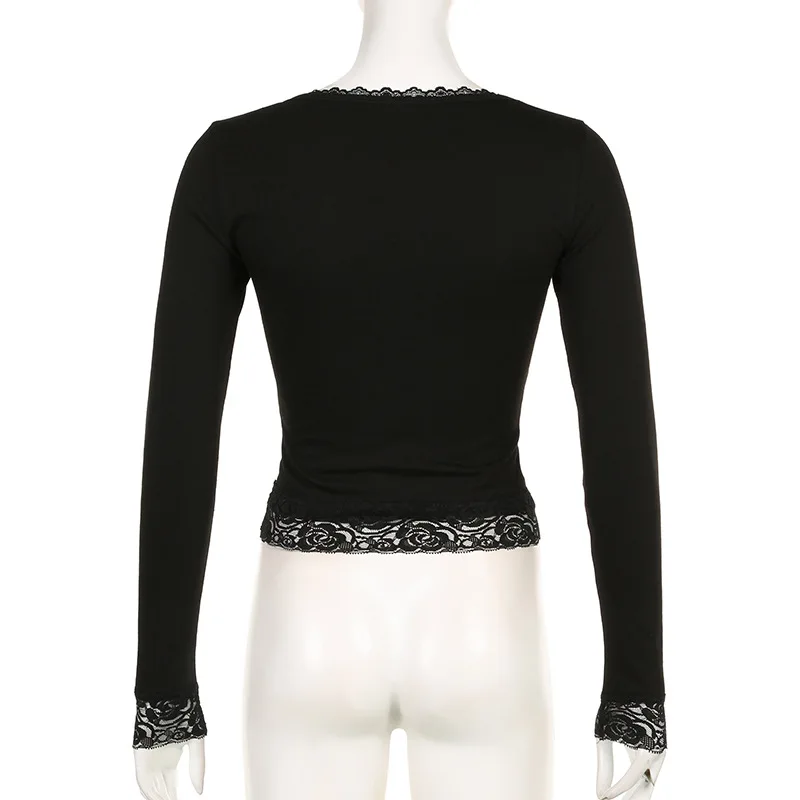 Chic Lace Vintage Crop Tops Y2K Square Collar Long Sleeves Slim Tshirts Korean Fashion Black Casual Women Clothes T-shirts Tee