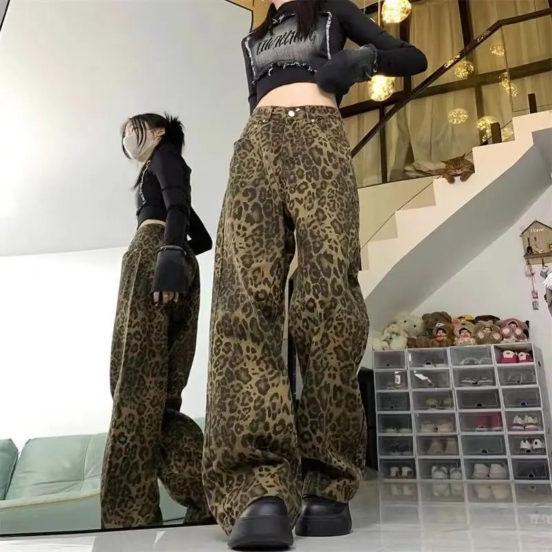 Leopard Print Jeans Trousers Women Loose High Waist Wide Leg Pants 2024 Spring Fashion Ladies Vintage Hip Hop Streetwears