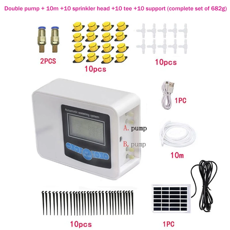 Dual Pump Smart Drip System -Garden Solar Charging Watering System With 10M Tubes/Nozzles/Tees For Potted Plant Flowers