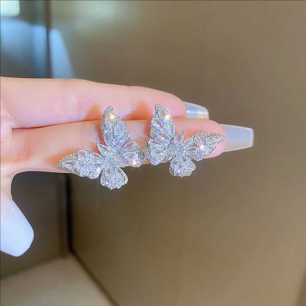 

Silvery Needle Zircon Butterfly Stud Earrings Unique New Light Luxury And Fashionable High-end Jewelry For Women