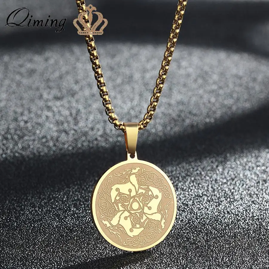 Triskele Totem Animal Celtic Necklace For Women Men Deer Druid Amulet Necklace Pendant Stainless Steel Jewelry