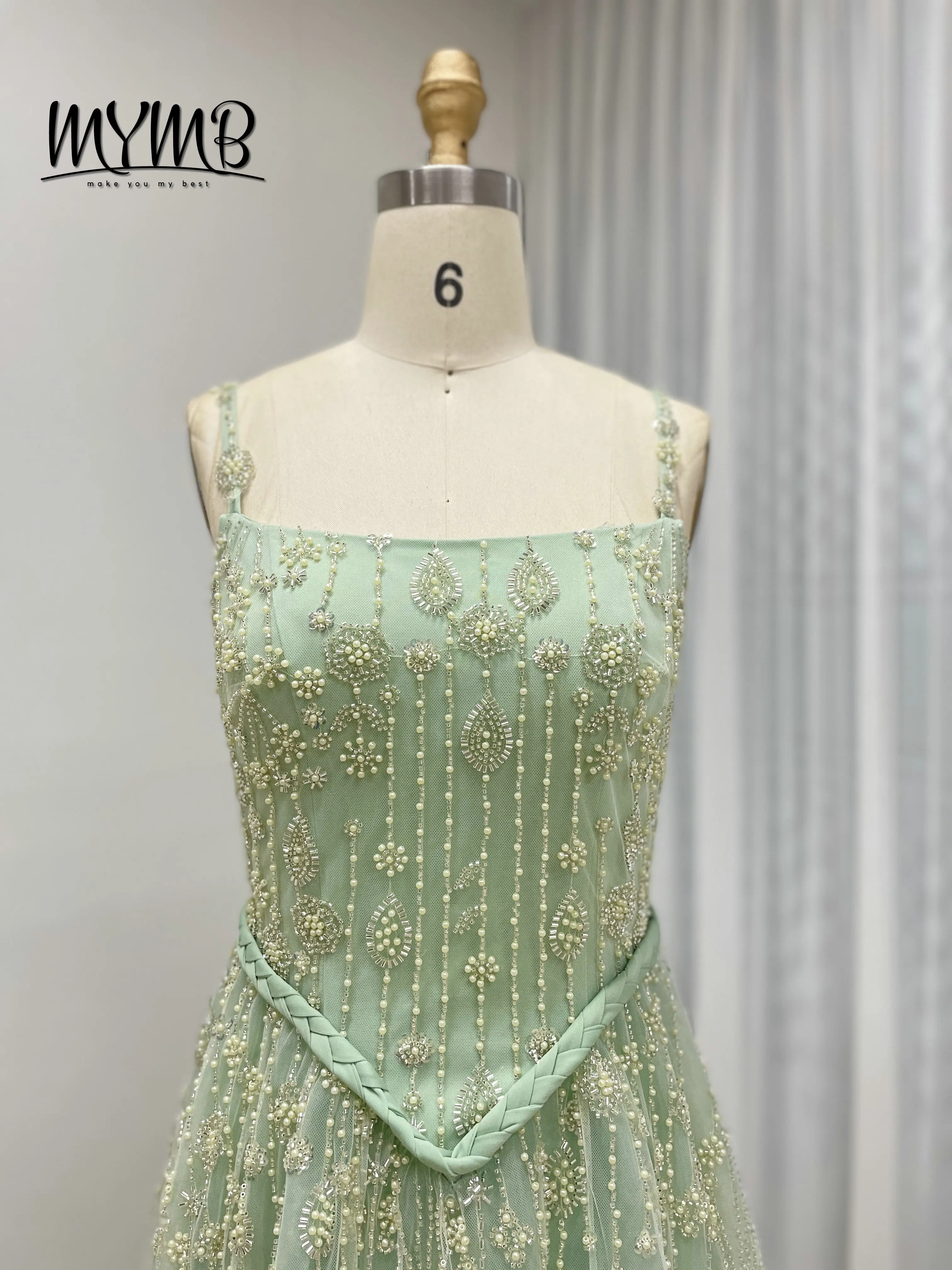 MYMB vin vert clair une ligne élégante robe de soirée de luxe à bretelles Spaghetti avec belle perle exquise adaptée au bal MB40345