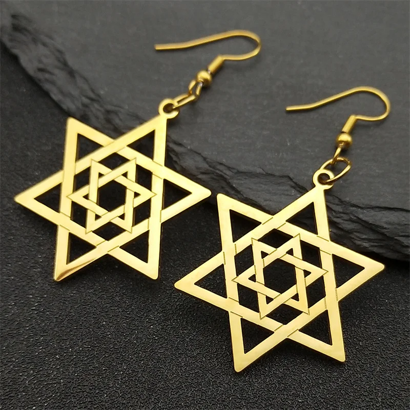 Hexagram Jerusalem Star of David Hebrew Drop Earrings for Women Stainless Steel Gold Color Israel Jewish Earring Jewelry E6120S2