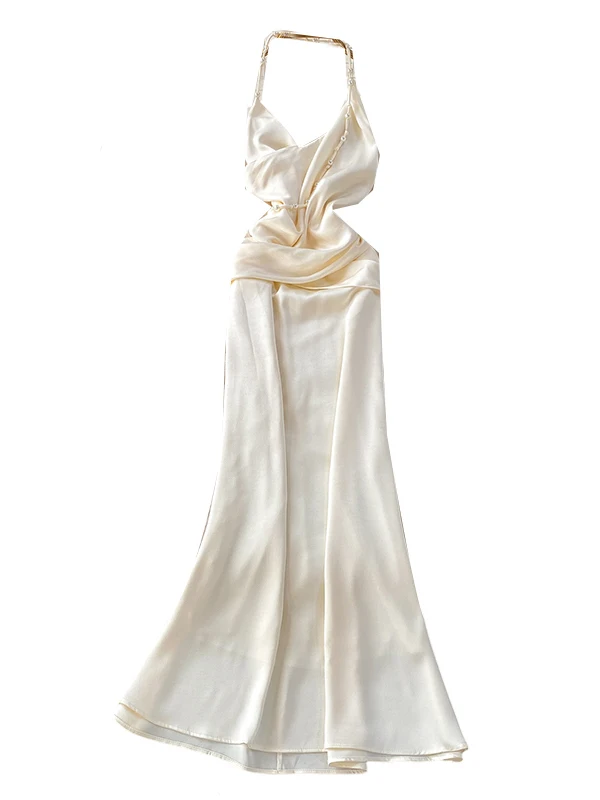 Robe rétro perlée Nelace sans bretelles pour femmes, taille haute, en Satin de soie, Sexy, longue jupe trapèze pour Banquet