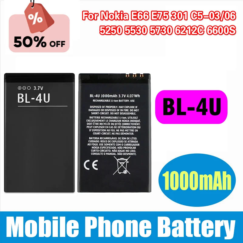 

BL-4U Battery 3.7V 1000mAh Rechargeable Cell for Nokia E66 E75 301 C5-03/06 5250 5530 5730 6212C 6600S Mobile Phone Batteries