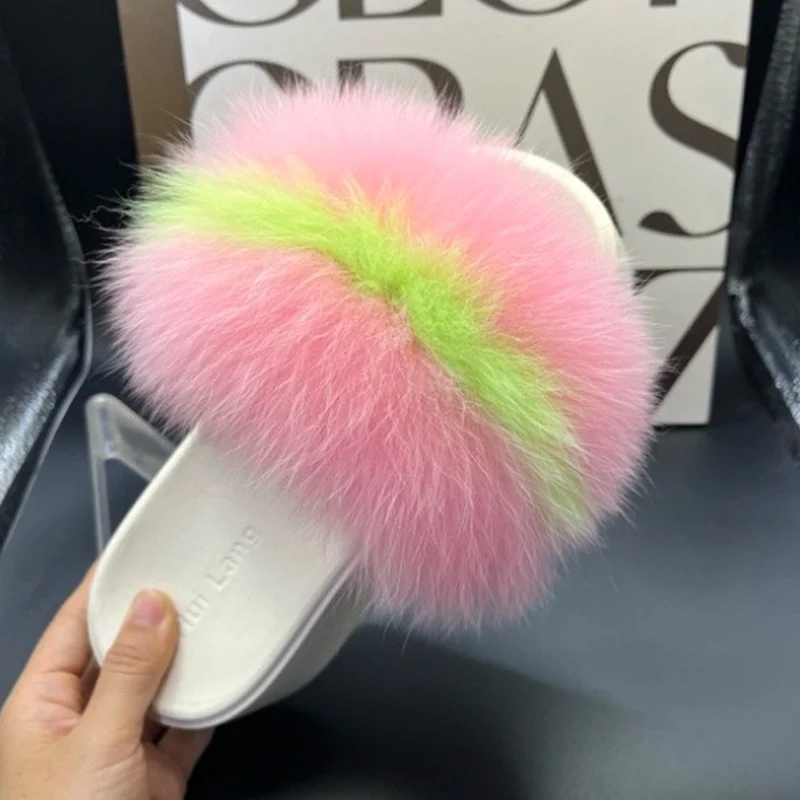 

Женские сандалии-шлепанцы с мехом лисы, пушистые, люксовые, летние 2026, для улицы