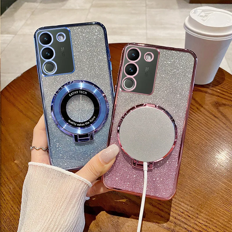 

Y200 Y200e Cover For VIVO Y100i Y100t V29 Lite V29e V25 V21 V19 Neo V11i Glitter Magnetic Wireless Charging Stand Holder Case