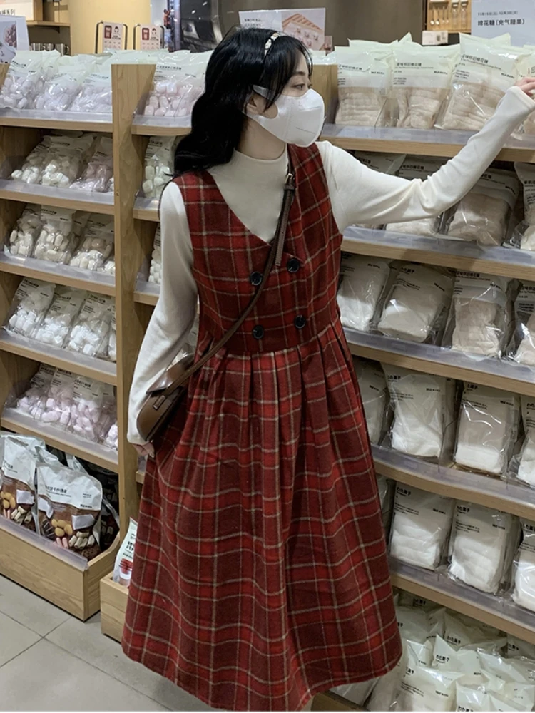 Midi Long Tank Dresses Women Spring Autumn Plaid Dress Korean Vintage Double-Breasted High Waist Woolen Dresses School Girl Jupe