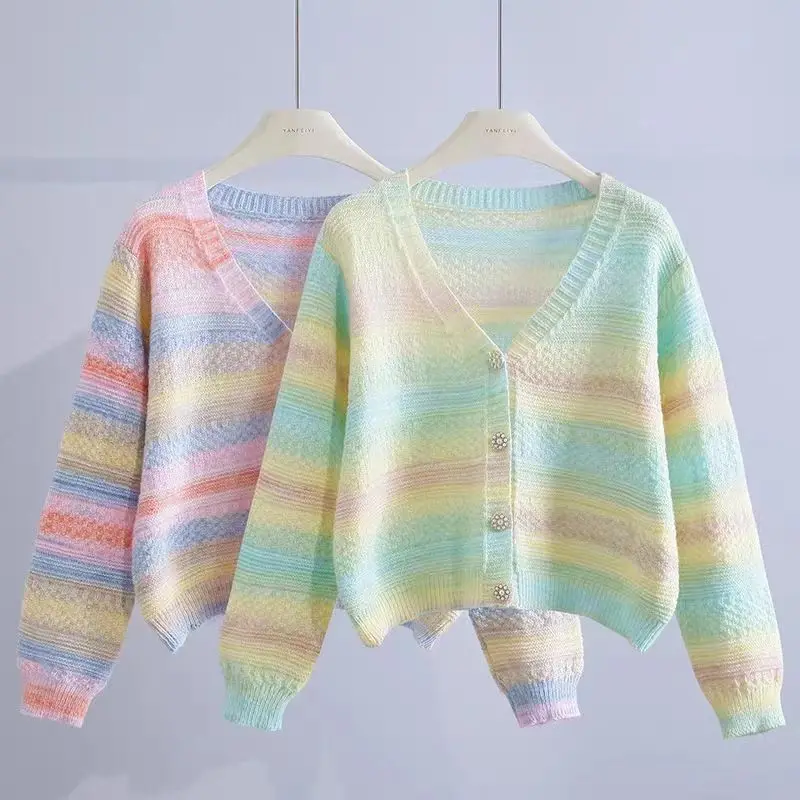 

Rainbow Striped Knitted Cardigan for Women in Autumn, Korean Version V-neck Loose Long Sleeved Sweater Jacket