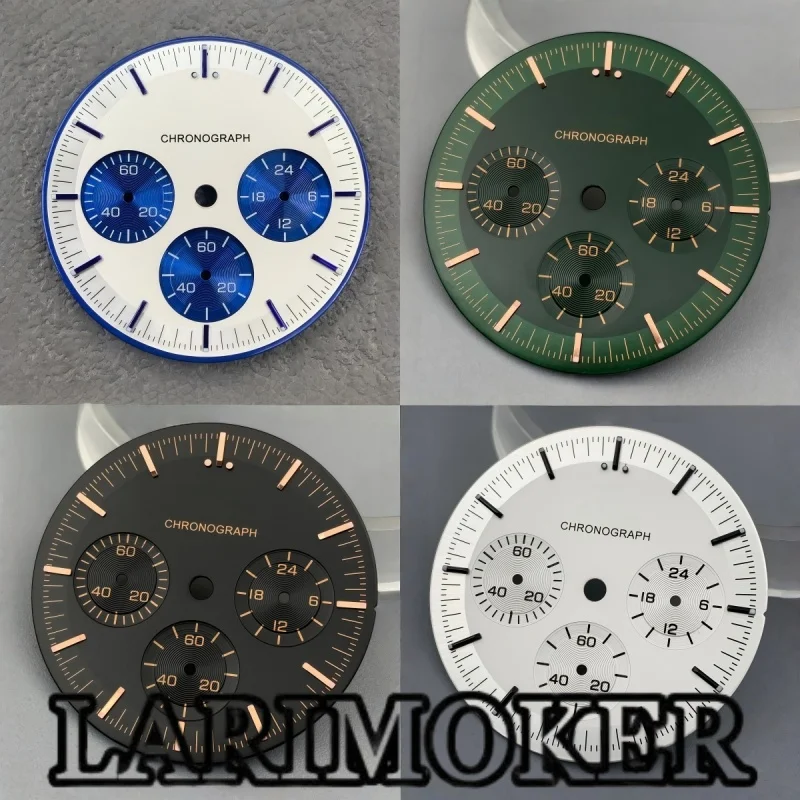 LARIMOKER 32.5mm White and Blue Racing Sport Dial Green Luminous with Hands Fits VK63 Quartz Chronograph Watch