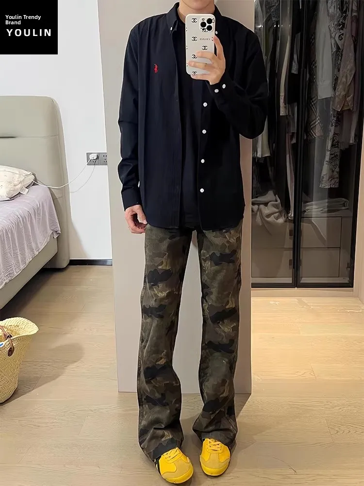 

Мужские камуфляжные джинсы прямого кроя, рабочие брюки свободного покроя, расклешенные брюки с низкой посадкой, на молнии, дышащие