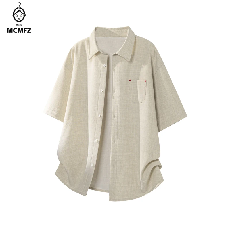 Men Linen Blend Short Sleeve Lapel Shirt Button Closure Chest Pocket Oversized Silhouette For Layered Daily Styling
