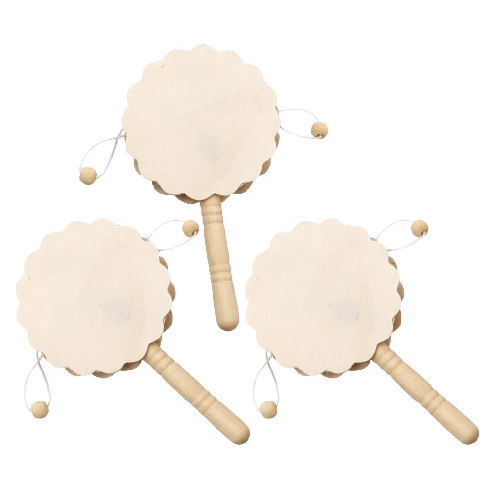 3pcs DIY Wooden Rattle Drum Ornament Kit – Unfinished Smooth Craft for Painting, Staining & Kids Creative Activities