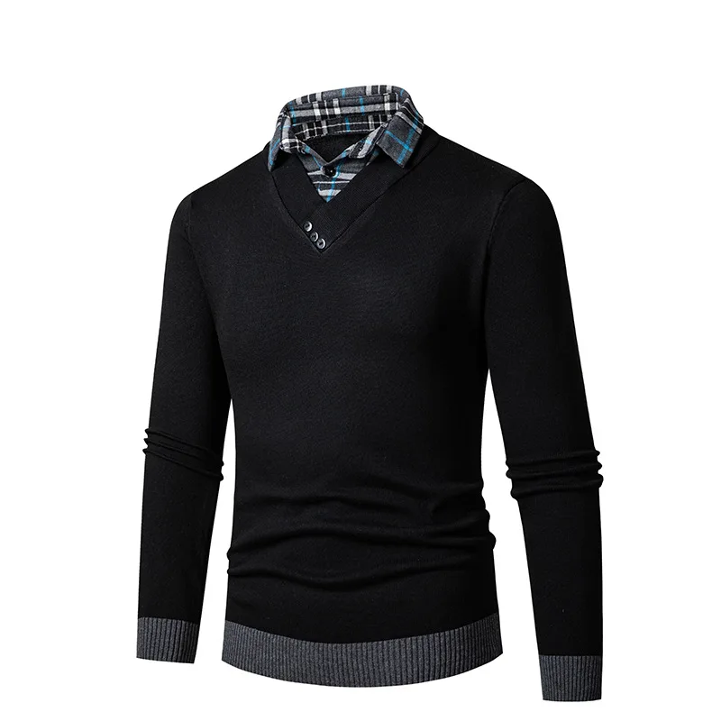 2024 Spring New Men\'s Three Button Fake Two Piece Sweater Men\'s Casual Loose Shirt Collar Knitted Sweater man clothes