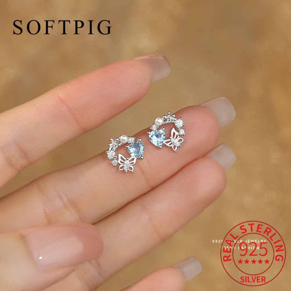 

SOFTPIG настоящие серьги-гвоздики из стерлингового серебра 925 пробы с цирконием в форме сердца и бабочки для женщин, вечерние милые ювелирные изделия, легкие роскошные аксессуары