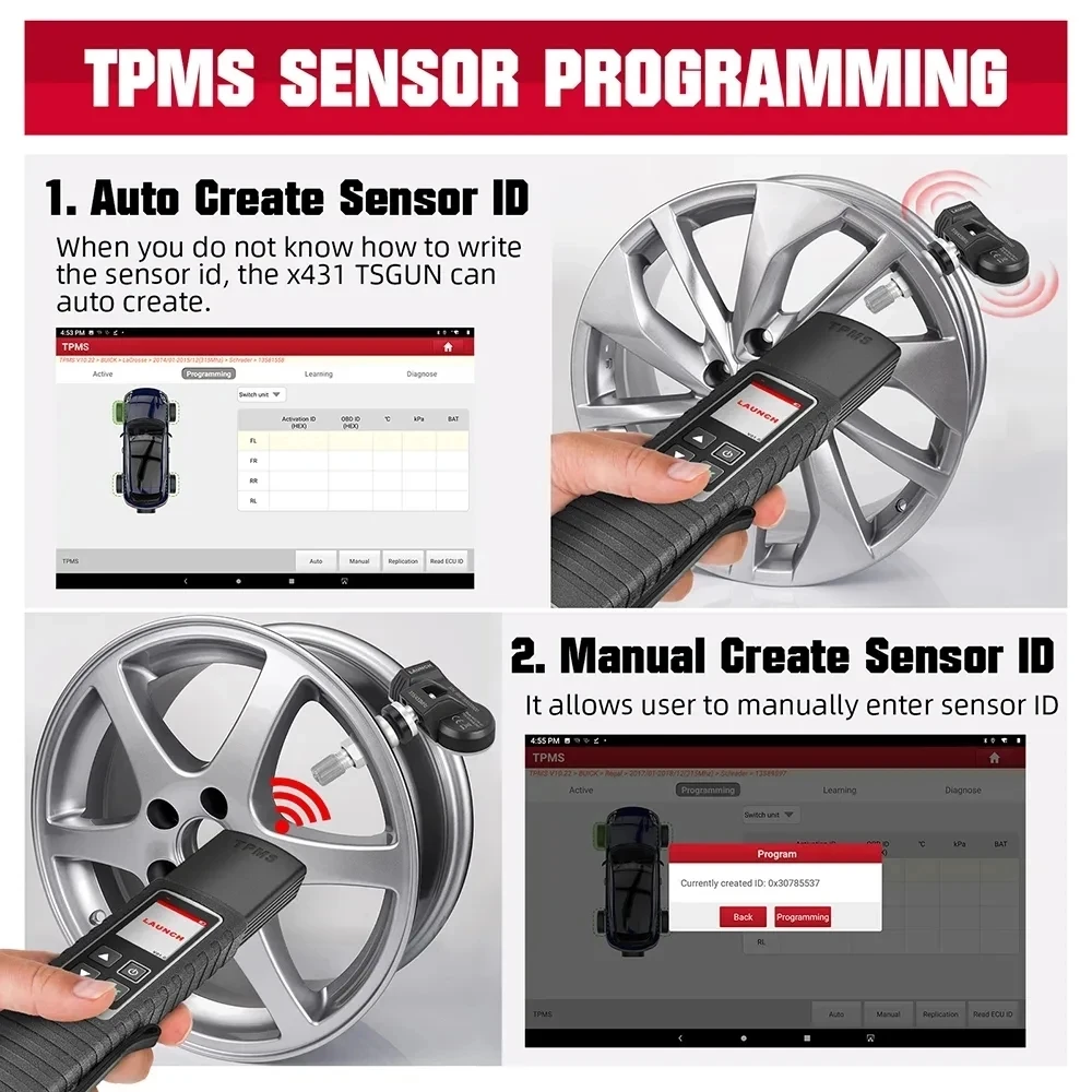 Launch X431 TSGUN TPMS Tire pressure Diagnostic Tools TPMS 433+315MHZ 2 In1 RF-Sensor Handheld Clear Tire Pressure Fault