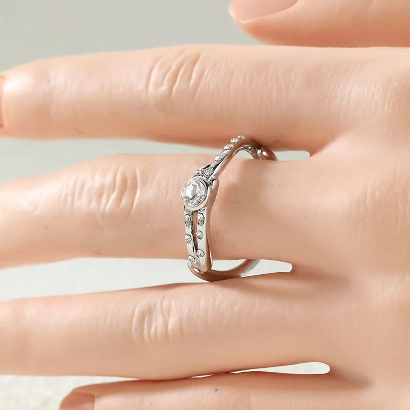 Fashion Double Layer Silver Plated Ring with Circular Translucent Synthetic Zircon Embellishment Ring Minimalist Jewelry