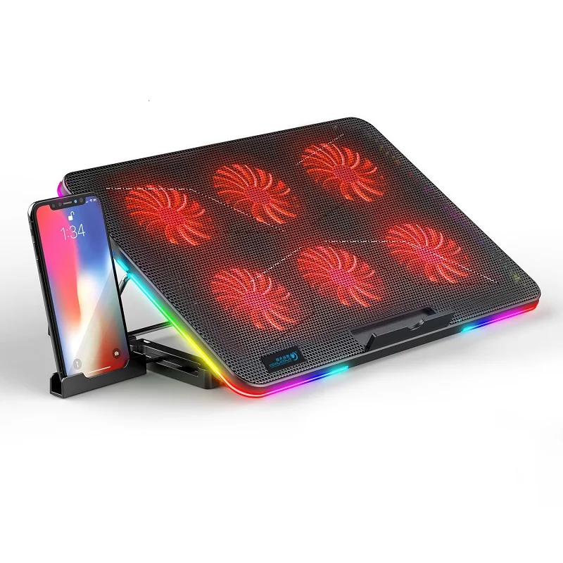 RGB Laptop Cooler For Notebook 12-15.6 Inch Six Fans Laptop Cooling Pad Adjustable Notebook Stand Two USB Port Fan Cooler Pad