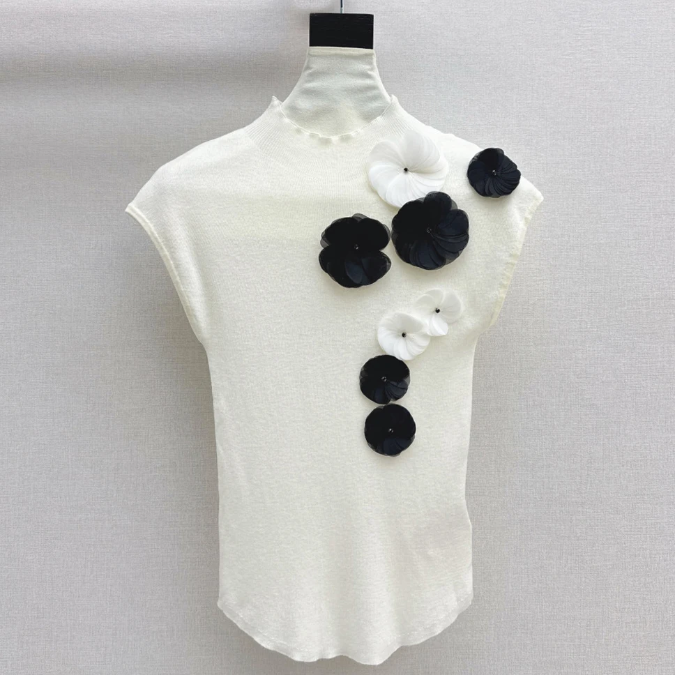

Women's sweater New elastic knitted slim sleeveless top for autumn 2025 3D flower decoration Women's vest wool blend pullover