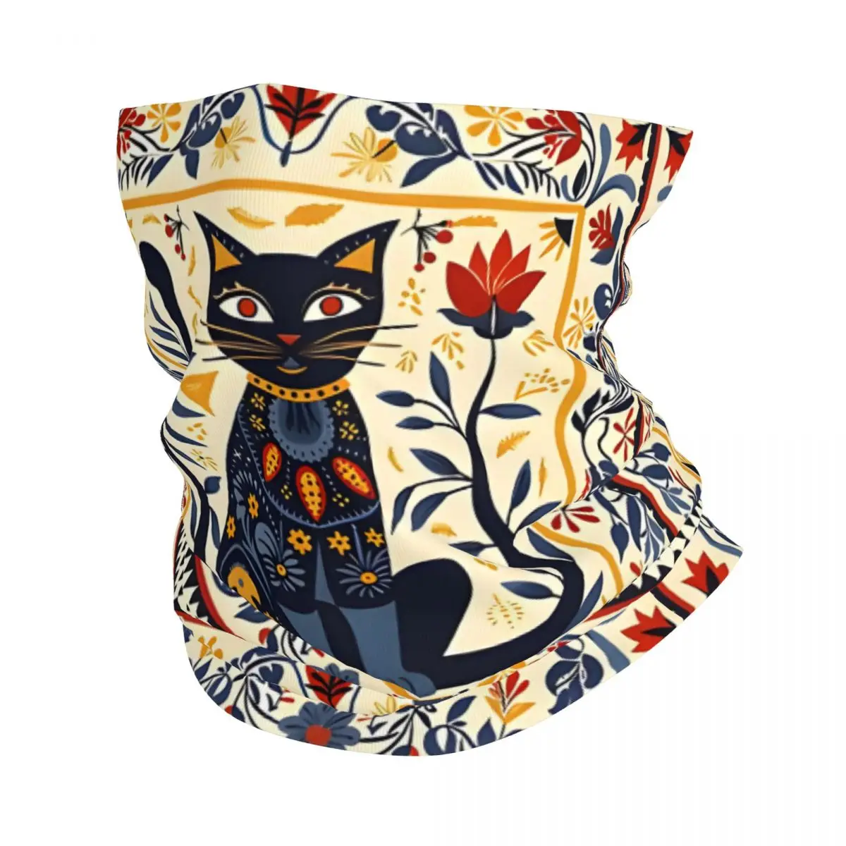 Black Cat Traditional Folklore Pattern Thin Wrap Scarf Bandana Neck Gaiter Face Cover Headband