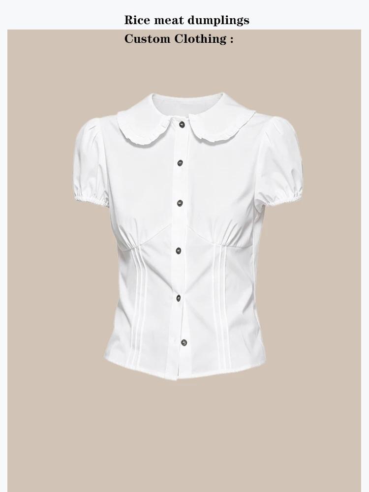 

Girls' Cotton Bubble Sleeve Shirt Pleated Doll Collar Short Sleeve Slim Fit Button Shoulder Summer T-Shirt Casual Female Top