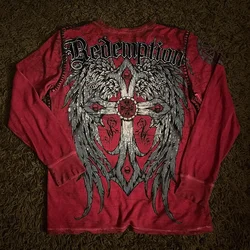 Affliction Long sleeved T shirt Y2K New Hip Hop Cross Pattern Round Neck Oversized T shirt Men Women Casual Gothic Clothing Tops