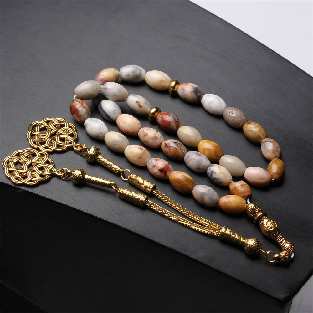 

Natural bamboo agate tasbih Gold tassel muslim rosary bracelet gfit oval stone 8*12mm islamic 33 Prayer beads arabic misbaha