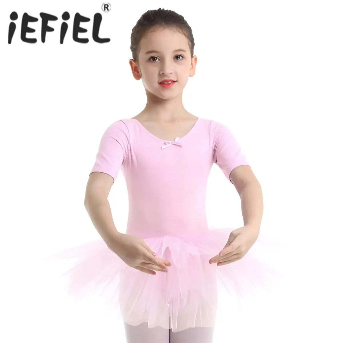 Kids Girls Gymnastics Tight Jumpsuit Dress with Mesh Skirt Short Sleeve Cotton Ballerina Tulle Ballet Dance Leotard Dress