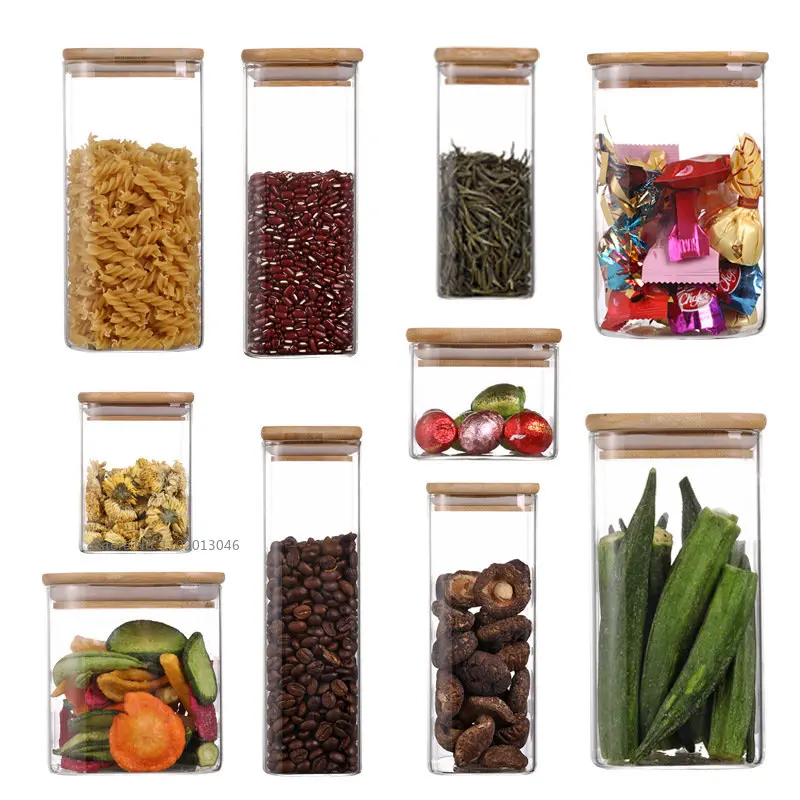 Kitchen Square Mason Jar with bamboo Cover For Spices Glass Container Glass Jars With Lids Jar Kitchen Jars And Lids Wholesale