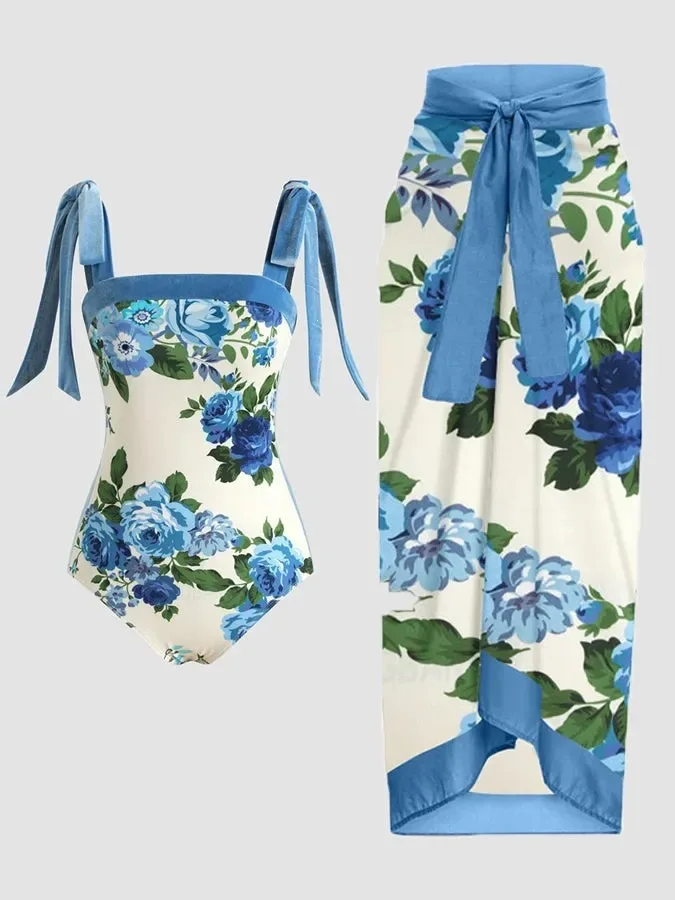 Fashion New One-piece Suspender Digital Printing Long Skirt Swimsuit Two-Piece Suits