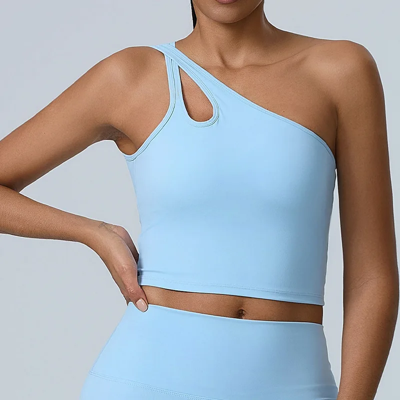 

One Shoulder Vest Push-up Sports Bra Women Shock Proof Running Fitness Top Padded Workout Yoga Tanks Top Removable Chest Cushion