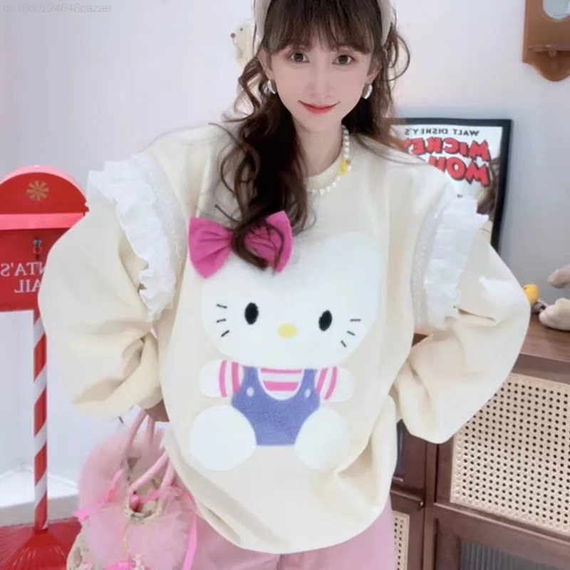 Sanrio Hello Kitty Y2k Korean Style Clothes Round Neck Pullovers Cartoon Aesthetic Cute Bow Loose Sweatshirt Women Fashion Tops