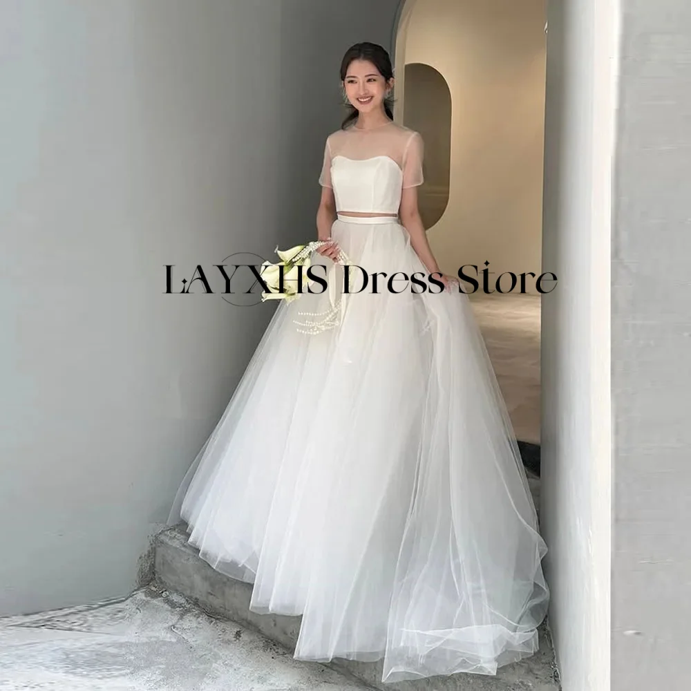 Semplici abiti da sposa coreani in 2 pezzi A-Line O-Collo con maniche corte in tulle di seta Abiti da sposa personalizzati Garona