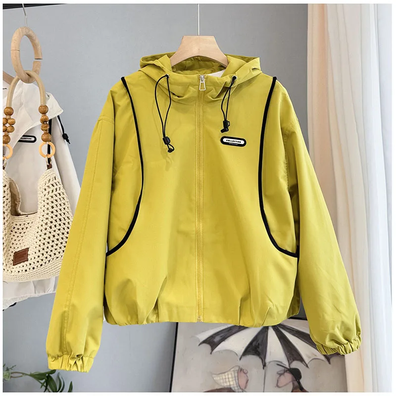 Women's Color Block Windbreaker Jacket 2026 Spring New Korean Style Loose Hooded Short Coat Casual Outwear