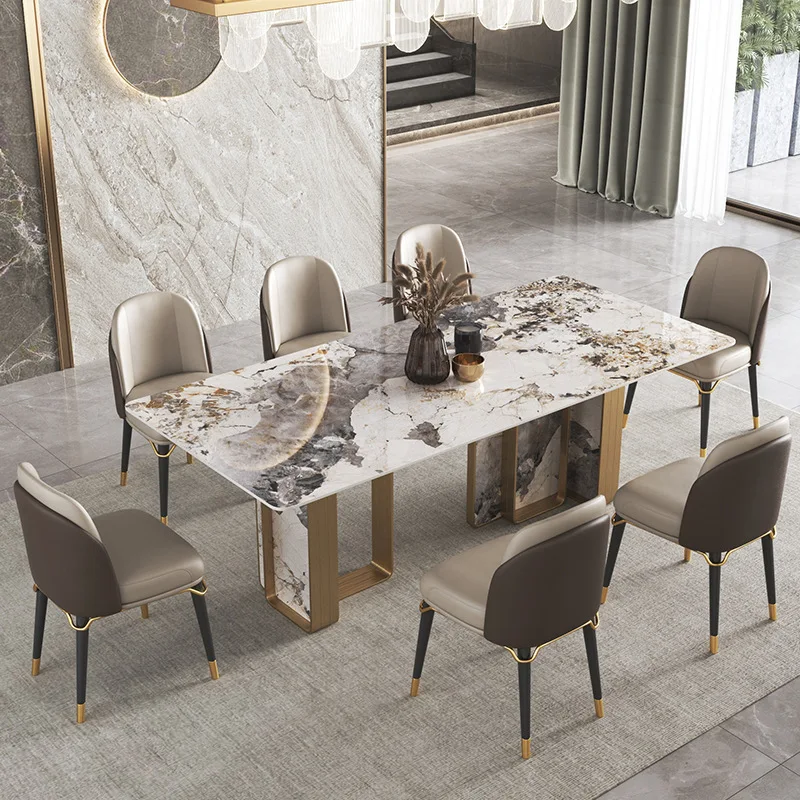 

^%Luxury Modern Gold Metal Frame Dining Table with Extendable Feature Featuring Marble Top for Elegant Dining Room Furniture