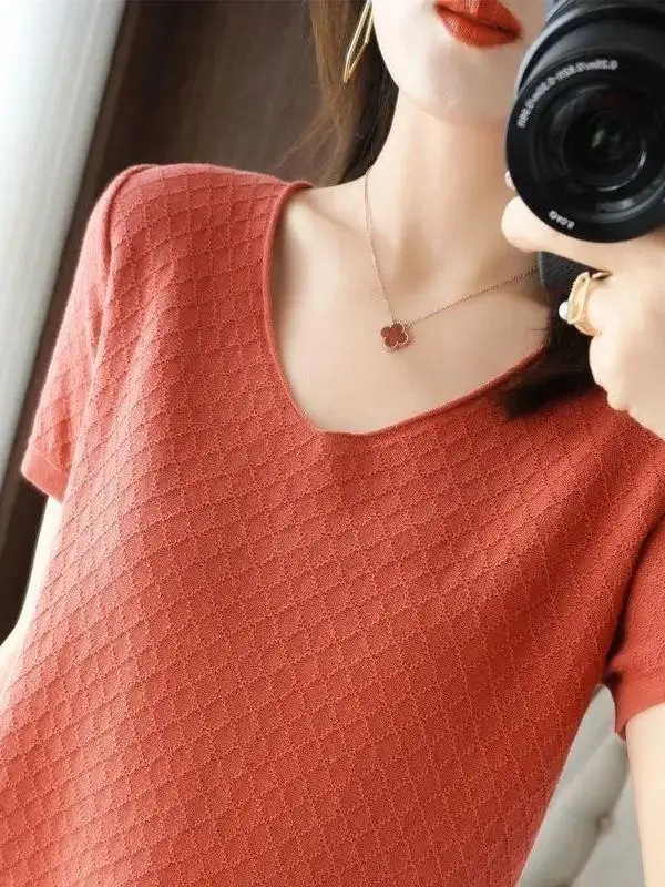

Summer Women's Loose Fit Soft Short Sleeve T-Shirt Korean Style V-Neck Knitted Mesh Top Versatile Casual Basic Color Block