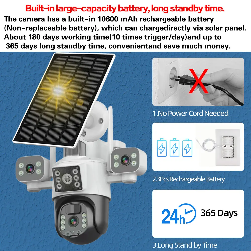 Cámara de seguridad Solar PTZ de tres lentes con tarjeta Sim 4G de 12MP, tres pantallas, detección PIR, cámara IP de vigilancia CCTV inalámbrica para exteriores