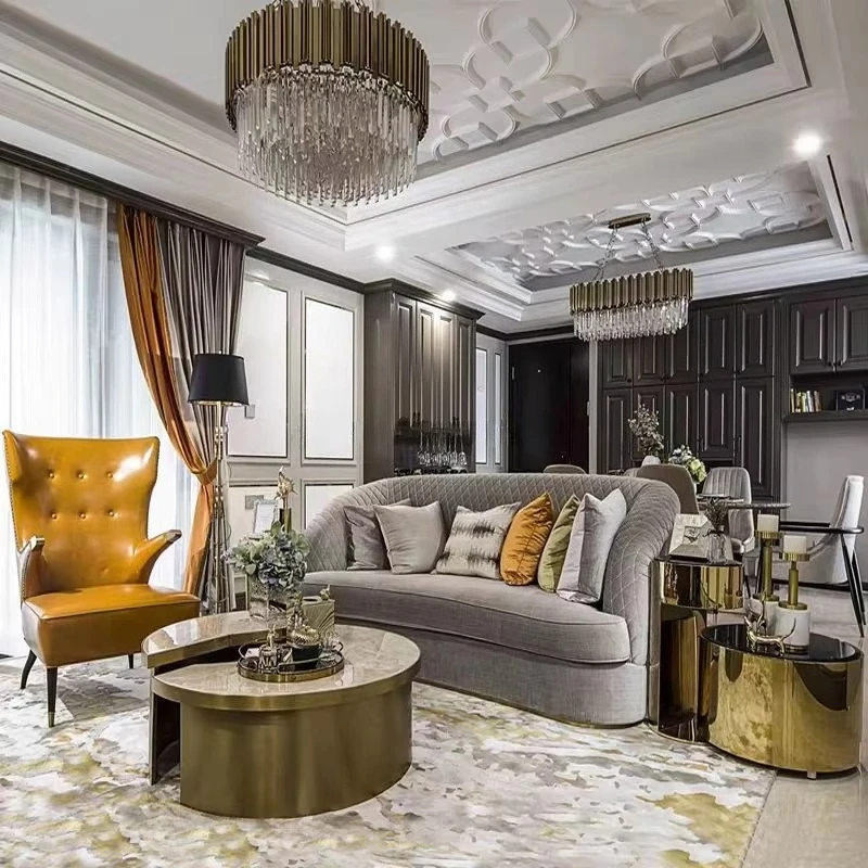 One Stop Interior Decor Furniture Luxury Living Room Furniture Grey Velvet Sofa Set with Orange Creative Armchair Sofa